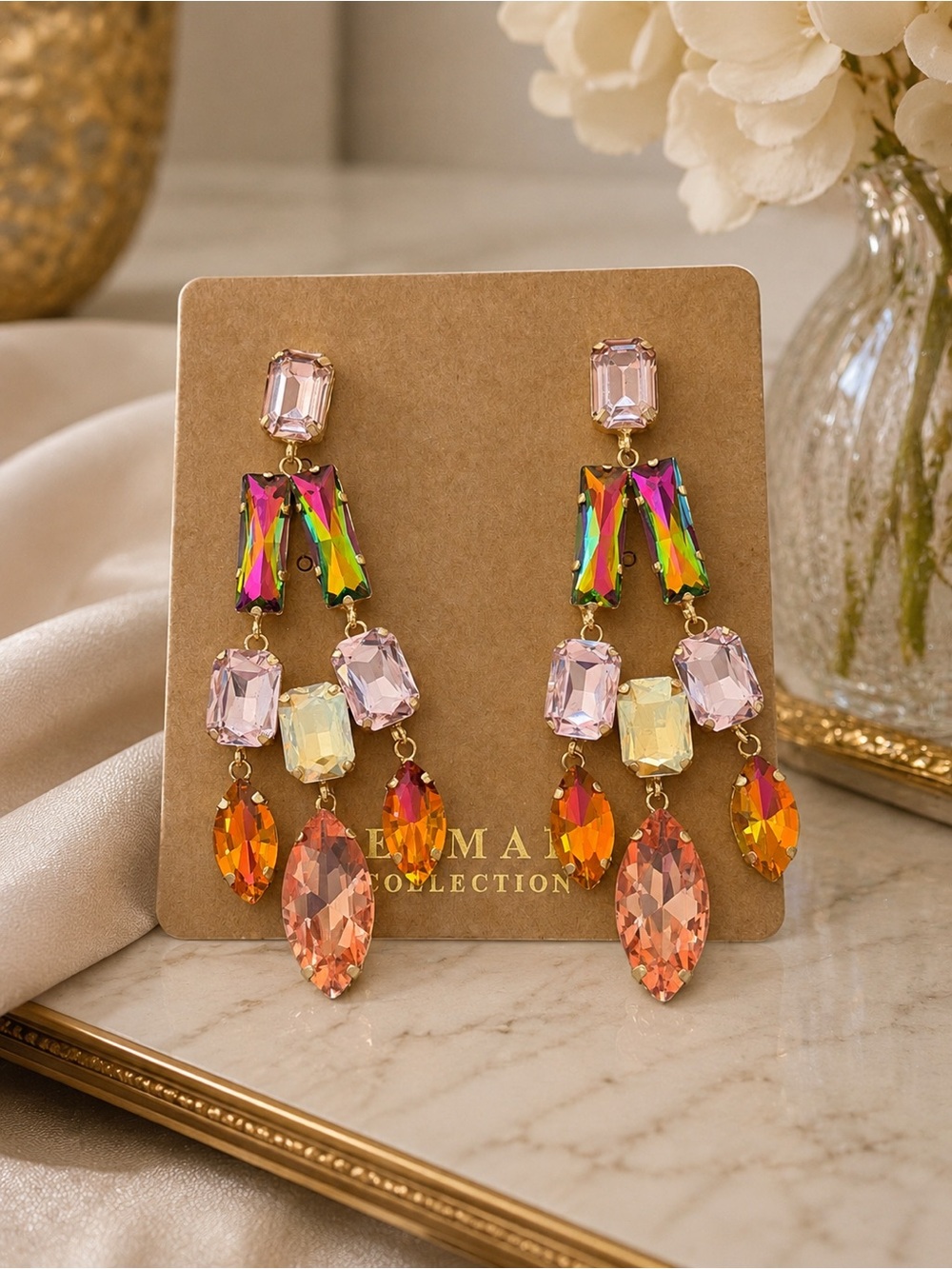 Multicolor Crystal Drop Earrings — Pink & Aurora Iridescent-Kelmall 3.5”